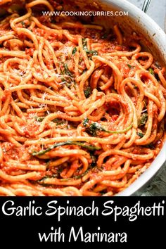 garlic spinach spaghetti with marinara in a pan