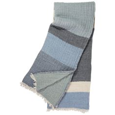 the blue and grey striped blanket is folded up