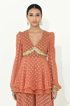 Coral flared peplum tunic with lace embroidery on the yoke and cuffs. Paired with a sharara. - Aza Fashions Sharara Set, Lace Neckline, Lace Embroidery, Embroidered Lace, Set For Women, Aza Fashion, Fashion Set, Types Of Sleeves, Custom Made