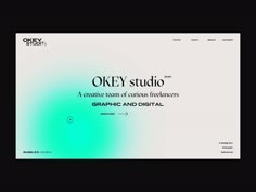 the okey studio website homepage is displayed on a black background with green and white colors