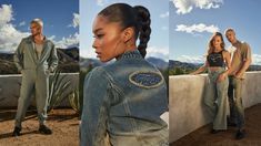 two people standing next to each other in front of mountains and clouds, one woman is wearing jeans