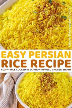 easy persian rice recipe in a white bowl on top of a wooden table with text overlay