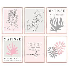 six different greeting cards with flowers and words in pink, gray, and white colors