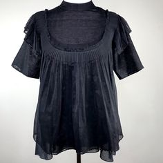 Black Handwoven Sheer Chanderi Top High Collared Neck Pleated Front Bodice Detailing Short Sleeves With Ruffled Layer Finished With Glass Bead Detail Loose Flowing Fit That Moves With Your Body Black Solid Adjustable Tank Layer Women's Size S Approximate Measurements Of Black Blouse Armpit To Armpit: 18 In. Shoulder Seam To Cuff: 11.5 In. Length Top Of Shoulder To Bottom Hem: 25 In. Black Sheer Top, Scoop Neck Blouses, Body Black, Tie Front Blouse, Flutter Sleeve Top, Print Pullover, Sheer Sleeves, Boho Tops, Retro Dress