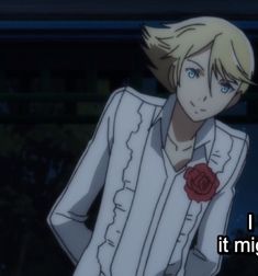 an anime character with blonde hair wearing a white suit and red rose in his lap