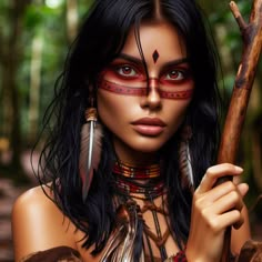 a woman in native american clothing holding a stick and wearing feathers on her head with red eyes