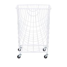 a white wire basket sitting on top of a metal cart with wheels and two handles