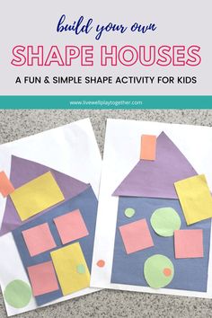 two paper houses with the words build your own shape houses on them, and an image of