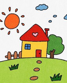 a drawing of a house on a hill with trees and sun in the sky behind it