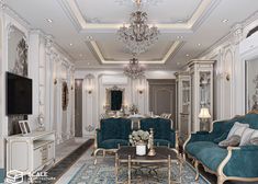 a living room filled with furniture and a chandelier