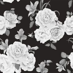 black and white roses with leaves on a black background, seamless wallpaper pattern