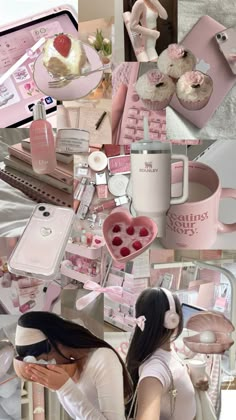 a collage of photos with pink and white items