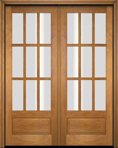 an image of two wooden doors with glass panels on the front and back side door