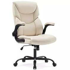 a white office chair with black wheels and armrests on an isolated white background