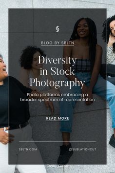 three women sitting on the ground talking and laughing with text overlay reading diversity in stock photography