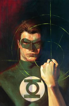 a painting of a man with green lantern on his face and hands in front of him