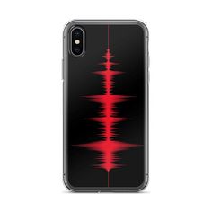 an iphone case with sound waves on the back and red lines in the middle, against a black background