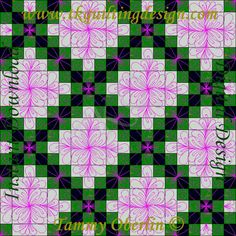 a green and white checkerboard pattern with pink flowers on the center is shown