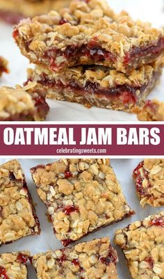 oatmeal jam bars stacked on top of each other with the text overlay