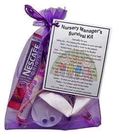 a purple bag filled with children's survival kits and an advertise card