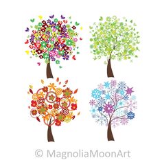 four trees with colorful leaves and swirls in the shape of flowers on white background