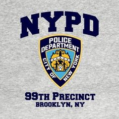 the nypd logo is shown in blue and yellow on a gray shirt that says, 99th precint brooklyn, ny