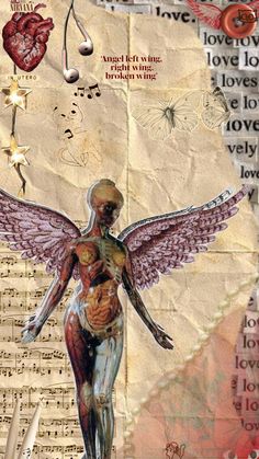 altered photograph of human figure surrounded by music notes and heart shapes with musical notes in the background