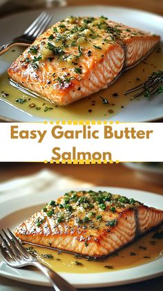 two pictures of salmon on a plate with sauce and garnishes, one is grilled and the other is cooked