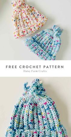 three crocheted hats with different patterns and colors on them, one is blue, the