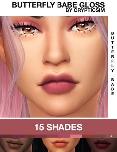 an animated image of a woman's face with pink hair and eyes, the words butterfly babe glosses by cryticism