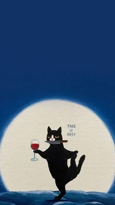 a painting of a cat holding a glass of wine in front of a full moon