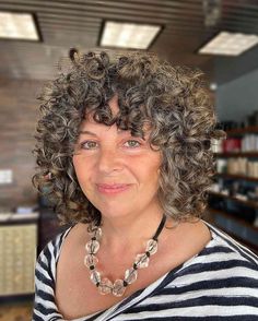 grey-curly-hair-with-bangs-for-older-women Curly Long Bangs, Get Curly Hair, Curly Hair Fringe, Black And Grey Hair, Curly Fringe, Hair Fringe, Texture Hair, Textured Haircut