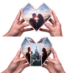 two hands holding up three photos in the shape of hearts