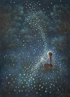 a painting of a boy sitting in the grass with his hand on his chest, looking up at stars