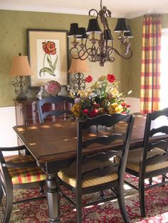 a dining room table with chairs and lamps on top of it, in front of a window