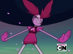 an animated character with pink hair and big ears, wearing a red dress in front of a purple background