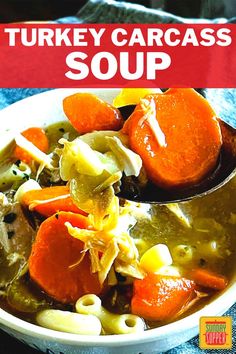 Shredded turkey in a soup with noodles and carrots. Turkey Soup From Carcass Recipes Crock Pot, Soup From Turkey Carcass How To Make, Turkey Noodle Soup From Carcass Recipes, Turkey Carcass Soup Recipes, Turkey Carcass Soup Crockpot, Leftover Turkey Carcass Soup