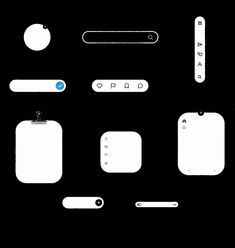 a black background with various white and blue items on it, including tags, labels, and buttons