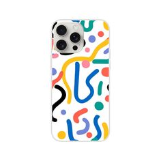 an iphone case with the word us in colorful dots and shapes, on a white background