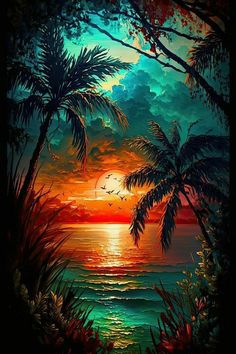 a painting of palm trees and the ocean at sunset