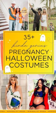 pregnant women in costumes with the title 35 + pregnant pregancy halloween costume ideas