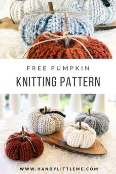 knitted pumpkins sitting on top of a wooden board with text overlay that says free pumpkin knitting pattern