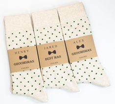 Cream and green polka dot socks are perfect gift for your wedding party. Goes really well with boho weddings or winter weddings. An elegant and amazing touch that completes the look of your wedding party, either your colors are sage, hunter green, emerald green, forest green these socks will go perfectly well with theme. With our personalized socks labels discover the fun way to propose your best man and groomsmen in style or simply make an elegant presentation as groomsmen gift. These socks and Groom Socks, Junior Groomsmen, Groomsmen Socks, Ring Security, Elegant Presentation, Ways To Propose, Polka Dot Socks, Wedding Socks, Floral Necktie