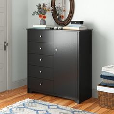 a dresser with drawers and a mirror above it on the wall next to a door