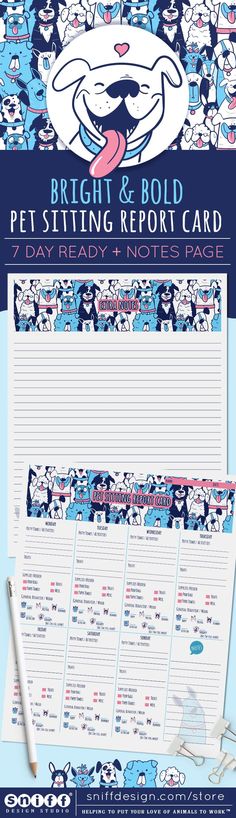 Bright and Bold Pet Sitting Report Card With Notes For Purchase on Sniff Design Studio.