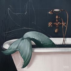 a painting of a mermaid tail sitting in a bathtub next to a faucet