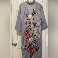 Grey Flower Embroidery Qipao Cheongsam Dress Butterfly Fits Pm Elegant Embroidered Cheongsam For Spring, Spring Embroidered Cheongsam With Stand Collar, Elegant Ao Dai With Floral Embroidery For Spring, Traditional Cheongsam With Floral Embroidery, Traditional Fitted Floral Print Cheongsam, Traditional Fitted Floral Cheongsam, Spring Wedding Embroidered Cheongsam, Traditional Embroidered Spring Cheongsam, Traditional Embroidered Cheongsam For Spring