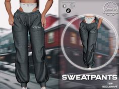 an advertisement for sweatpants featuring a woman in grey pants