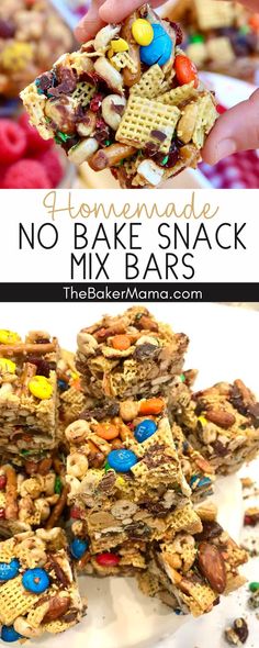 homemade no bake snack mix bars stacked on top of each other with the title above it