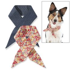 a dog wearing a floral neck tie next to an origami style bandana